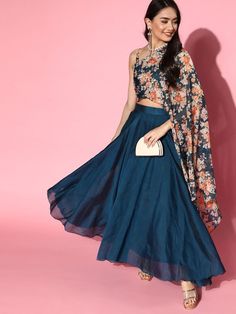 Teal Organza Digital Print Crop Top with Solid Flared Skirt - Inddus.com Party Organza Sets With Maxi Length, Blue Chiffon Party Sets, Party Wear Skirt For Festivals, Long Skirt Party Dress For Diwali, Summer Party Sets With Flared Skirt, Festive Party Sets With Flared Skirt, Organza Dress With Flared Skirt, Party Wear Long Skirt, Festive Georgette Skirt For Party