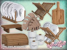 the sims resource set includes wooden chairs, dishes and utensils