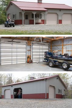 two garages side by side with the doors open and one has a truck parked in it