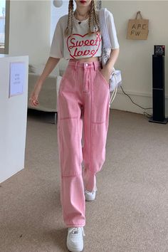 Pink Pants Outfit, Outfits Quotes, Kawaii Fashion Outfits, Pink Jeans, Outfits 2022, Outfits Spring, Kpop Fashion Outfits, Outfits Fashion