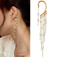 Dainty Pearl Drop Ear Wrap, Delicate Swan Drop Ear Wrap, Gold Pearl Dangle Ear Cuff, No Piercing Ear Cuff Women, Flower Ear Cuffs, Crawler Earrings, Tassel Earing, Crawlers Earrings, Cheap Earrings, Ear Cuff Earings, Fantasy Jewelry, Cuff Earrings