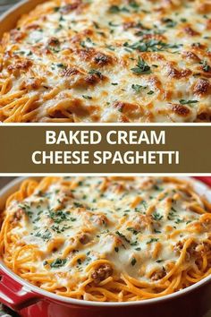 baked cream cheese spaghetti in a red casserole dish