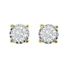 Add a bit of sparkle to her look with these spectacular diamond solitaire stud earrings. Crafted in sterling silver with yellow gold overlay, each earring features a shimmering round diamond artfully set with a miracle plate that makes the diamond appear larger. These stud earrings captivate with 1/10 ct. t.w. of diamonds and a polished shine. An everyday look, these earrings secure comfortably with friction backs. Size: One Size.  Gender: female.  Age Group: adult. White Diamond Earrings With Accents For Anniversary, White Diamond Earrings With Single Round Cut, White Round Cut Diamond Earrings With Single Diamond, White Diamond Earrings With Round Cut, White Round Diamond Cut Earrings, White Round Diamond Earrings, White Round Cut Single Diamond Earrings, Classic White Diamond Earrings For Anniversary, White Diamond Earrings For Anniversary With Single Diamond