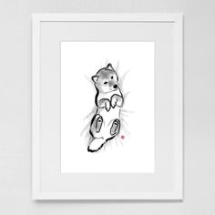 a black and white drawing of a cat with its paw on it's chest