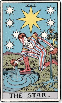 the star tarot card with an image of a man drinking water from a fountain