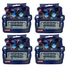 four blue toy trucks with cartoon characters on the front and rear bumpers, all in plastic packaging