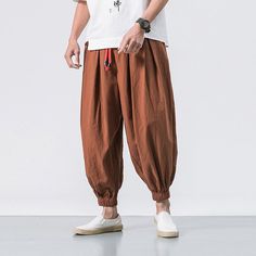 Japanese Harem Pants Streetwear - JapaneseCult Linen Trousers Men, Men Streetwear Fashion, Streetwear Trousers, Cotton Linen Trousers, Long Pants Casual, Harem Pants Men, Mens Trousers Casual, Casual Linen Pants, Mens Linen Pants