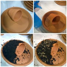 there are four pictures showing different stages of making a cake with chocolate frosting and sprinkles