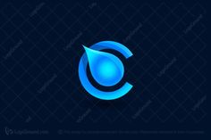 blue water drop logo on dark background with the letter c in it's center