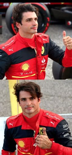 a man in a red racing suit giving the thumbs up