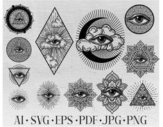 an image of all seeing eyes and other symbols in black and white with the words al - svg eps png