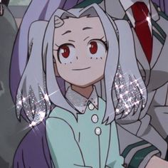 an anime character with white hair and red eyes sitting in front of some other characters