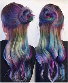 Peacock Hair Color, Oil Slick Hair Color, Oil Slick Hair, Unicorn Hair Color, Slick Hair, Peacock Hair, Dyed Hair Pastel, Multicolored Hair