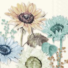 a bunch of flowers that are on top of a paper napkin with watercolor paint