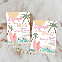 Girl Hang Ten Surfing Birthday Party Invitation Surfing Birthday Party, Bee Baby Shower Invitations, 1st Birthday Party Invitations, Birthday Travel, Invitation Pink, Pool Birthday Party, Canva App, Gender Reveal Invitations, Hang Ten