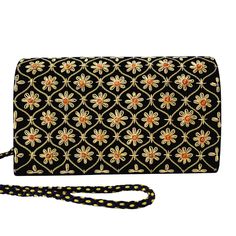 "Stunning black velvet evening clutch bag expertly hand embroidered in intricate and detailed geometric floral pattern, and studded with genuine carnelian stones, sewn in. It elevates any outfit to the spectacular. Sparkles like a perfect little jewel box. Expertly embroidered by master zardozi artisans to create an opulent and dazzling 3D effect. Carnelian stone is a grounding stone and thought to build confidence and self-esteem. DETAILS: - flap over magnetic closure - measures 8\" H x 5\" W x Formal Purse, Embellished Purses, Purse Wedding, Geometric Diamond Pattern, Unique Handbags, Embroidered Handbag, Blue Clutch, Velvet Clutch, Floral Clutches