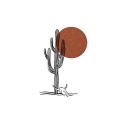 a drawing of a cactus in front of an orange sun