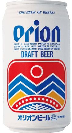 a can of beer with the word orion written in japanese and english on it