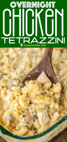 chicken tetrazzini in a casserole dish with a wooden spoon