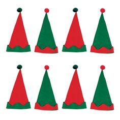 six red and green christmas hats on white background