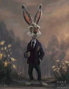 a painting of a rabbit dressed in a suit and tie standing on a dirt road