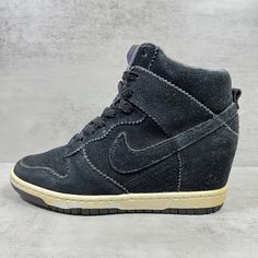 Nike Dunk Sky Hi Hidden Wedge Suede Leather  Sneakers - Women's Size 6 - Black     Pre-owned. Some signs of wear from use. Posted photos shows the condition in greater detail and is the actual item you'll be receiving. Nike Sky High Wedge, Nike Wedge Sneakers Outfit, Leather Wedge Sneakers For Streetwear, Casual Leather Wedge Boots For Streetwear, 2000s Sneakers, Mcbling Outfits, Maddie Rooney, Wedge Sneakers Outfit, Nike Wedge Sneakers