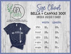 "This listing is for an Instant Download, and includes both personal & commercial use (please see below). ** Download available after purchase, NO physical item will be sent** ------------------------------------------------------------------------------------ Bella + Canvas 3001 jersey, short sleeve t-shirt size chart. This custom designed size chart is a stylish and convenient way to display sizing information on your product listings. Just add your own logo! *GFX Grove Logo and watermark is r Shirt Size Chart, Hamilton Shirt, Printing Shirt, Single Shirt, Canvas Sizes, Mama T Shirt, Mom Life Shirt, Teacher Tees, Own Logo