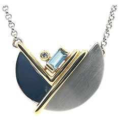 Art Deco Two Tone 9k Gold (stamped 375) Natural Diamond & Blue Topaz Pendant Necklace Circa 1960. This piece weighs 6.5 grams and has a combined gem weight of approximately 0.10 carats. Art Deco Necklaces, Blue Topaz Pendant Necklace, Blue Topaz Pendant, Topaz Pendant, Art Deco Necklace, Contemporary Jewelry, Blue Topaz, Natural Diamonds, Topaz