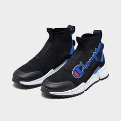 Black High-top Custom Sneakers With Logo, Casual Blue High-top Sneakers With Logo, Black Casual Custom Sneakers With Logo, Casual Black Sneakers With Logo, Black Logo Slip-on Sneakers, Black Slip-on Sneakers With Logo, Girls Soccer Cleats, Champion Sneakers, Champion Shoes