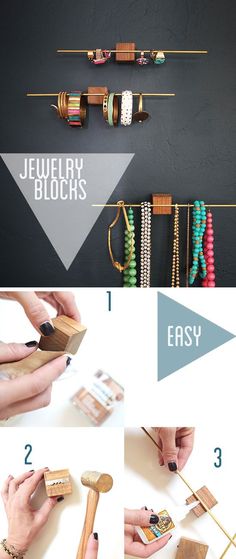 the instructions for making jewelry blocks are shown in three different pictures, including one with beads and