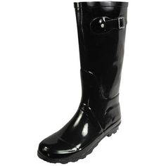 NORTY Womens Glossy Hi-Calf Rain Boots Solid Black. Classic, stylish rainboots that fit great. You'll find yourself looking forward to stormy, rainy days just so you get to wear your cute wellies. No matter how wet, muddy, or slick it gets outside, our adult rain boots for women have you covered. A 13.25 inch boot shaft with fun, feminine styling keeps you warm, dry, and outfitted in fresh fall and winter-ready looks. This extra-roomy insulated rubber boot lets you layer on your favorite thick s Black Round Toe Rain Boots For Rainy Weather, Black Round Toe Rain Boots, Black Knee-high Waterproof Boots For Outdoor, Black Boots For Rainy Weather, Black Boots For Rainy Season, Black Waterproof Knee-high Boots, Black Knee-high Waterproof Boots, Insulated Black Boots For Rainy Season, Black Weatherproof Rain Boots