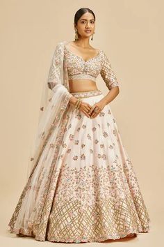 Shop for Nitika Gujral Pink Crystal Embroidered Lehenga Set for Women Online at Aza Fashions Pink Raw Silk Lehenga, Green Lehenga Choli, Lehenga And Blouse, Raw Silk Lehenga, Zardozi Embroidery, Crystal Embroidery, Navy Blue Print, Green Lehenga, Padded Blouse