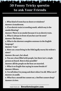 a poster with the words'50 funny tricky questions to ask your friend's