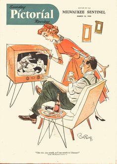 an old magazine cover shows a man and woman watching tv with cats on the screen