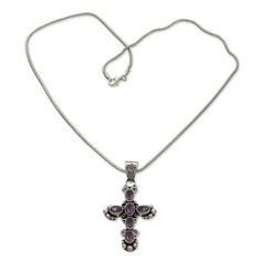 A sterling pendant consisting of six amethyst stones branches out in four directions forming a lovely cross. From Wayan Asmana the necklace melds the beautiful violet gemstone which represents February??s birthstone with silver to form an original design brimming with traditional Balinese sentiment. .925 Sterling silver Purple Cross, Four Directions, Sterling Silver Cross Necklace, Amethyst Stones, Jewelry Techniques, Sterling Silver Cross, Balinese, Silver Cross, Amethyst Stone