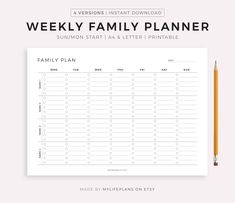 the printable family planner is shown with a pencil