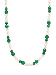 grass green white choker chain freshwater pearl malachite aventurine bead detailing Nialaya Jewelry is pleased to offer free repairs on purchases for one year from purchase date. Green Pearl Necklace With Polished Beads, Green Single Strand Pearl Necklace, Single Strand Green Pearl Necklace, White Choker, Balenciaga Speed, Choker Chain, Pearl Choker Necklace, Necklace Green, Grass Green