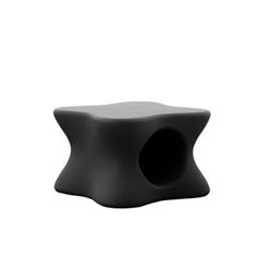 a black stool with an open hole in the middle on a white background, it appears to be made out of plastic