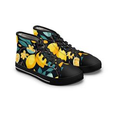 Elevate your everyday style with our Lemon Pattern Women's High Top Sneakers, designed to bring a fresh and vibrant touch to your casual wardrobe. Experience the perfect blend of comfort and flair in each step, and enjoy making a zesty statement--grab yours today and step into the sunshine! Made with breathable polyester canvas and featuring hi-poly deodorant memory foam insoles, these women's high top sneakers bear all the marks of an awesome shoe.  .: Breathable polyester canvas with PU leathe Casual High-top Sneakers With Round Toe For Summer, Casual Summer High-top Sneakers With Round Toe, Spring Sporty Cotton High-top Sneakers, Spring Leisure High-top Sneakers, Casual Black High-top Sneakers For Spring, Spring Casual High-top Sneakers For Streetwear, Trendy Cotton Sneakers For Summer, Casual High-top Sneakers For Spring Streetwear, Casual Everyday High-top Sneakers For Spring