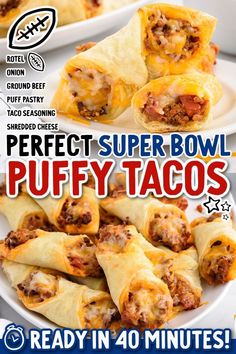 A bunch of Puffy Tacos on a plate with the ingredients needed. Puffy Tacos Recipe, Puffy Tacos, Healthy Hamburger, Dinner Sandwich, Hamburger Meat, Ground Beef Recipes For Dinner, Dinner Healthy, Puff Pastry Recipes, Beef Recipes Easy