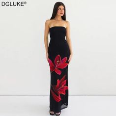 Item Types: Strapless floral dress, black strapless maxi dress, black tube maxi dress, off the shoulder dress Neckline: Slash Neck Dresses Length: Ankle-Length Closure Type: Pullover Elasticity: Slight Fit Type: Straight Detail: Lace-Up, Backless Pattern Type: Floral Print Waistline: Natural Sleeve Length: Sleeveless Material: Polyester Material: Spandex