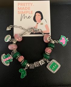 Hand made Charm bracelet adjustable Frog Bracelet, Aka Sorority Gifts, Handmade Charm Bracelets, Green Charms, Popular Bracelets, Alpha Kappa Alpha Sorority, Alpha Kappa Alpha, Sorority Gifts, Green Pearls