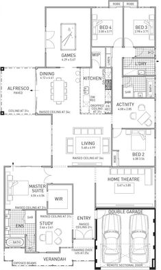 the floor plan for a home with three car garages and two living areas in it