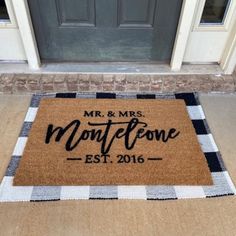 a door mat with the words mr and mrs montefone est 2016 on it