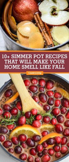 some apples and oranges are cooking in a pot with the words 101 summer pot recipes that will make your home smell like fall