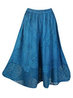 Blue Long Skirt with Embroidery, Boho Maxi Skirts, Sheer Lace Hem, Ren Faire Skirts S/M/L: Look fairytale-fancy in this enchanting maxi skirt! With a dreamy blue color, pretty embroidery, a sheer lace hem and a flattering fit that comes in three sizes, you'll be ready for any renaissance adventure! Enjoy a delightful stonewashed brown skirt, perfect for embracing the summer while basking in its refreshing hues. The fabric's comforting texture invites you to unwind. This contemporary interpretati Blue Skirted Bottoms For Festival, Traditional Blue Summer Bottoms, Traditional Flowy Blue Skirt, Long Blue Embroidered Skirt, Traditional Blue Flowy Skirt, Blue Embroidered Long Skirt, Boho Maxi Skirts, Blue Long Skirt, Rodeo Chic