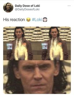 the face of a man with long hair and an expression that reads, daily dose of loki