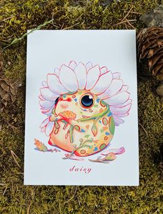 a greeting card with an image of a frog wearing a flower on it's head