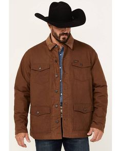 Model is 6'1" wearing a size large Shell: 100% cotton ; Body lining: 100% polyester ; Sleeve lining: 100% polyester ; Collar: 100% cotton Brown Button-up Utility Jacket For Outdoor, Rugged Button-up Shirt For Outdoor, Rugged Cotton Button-up Outerwear, Rugged Brown Button-up Outerwear, Rugged Button-up Outdoor Shirt, Mens Outerwear, Hand Warmers, Button Downs, Vest Jacket