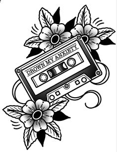 a black and white drawing of an old school cassette with flowers